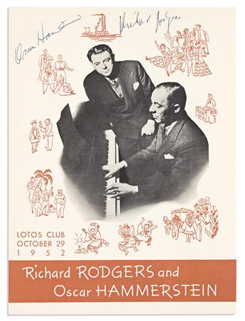 (ENTERTAINERS--THEATER.) Group of 4 Lotos Club menus, each Signed by the State Dinner honoree(s), on front cover: Rodgers & Hammerstein